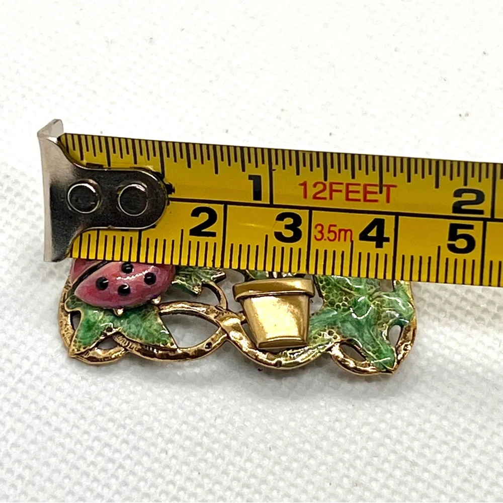 Vintage 3D Enamel Garden Scene Ladybug Flower Pot Gold Tone Rectangle Brooch Pin